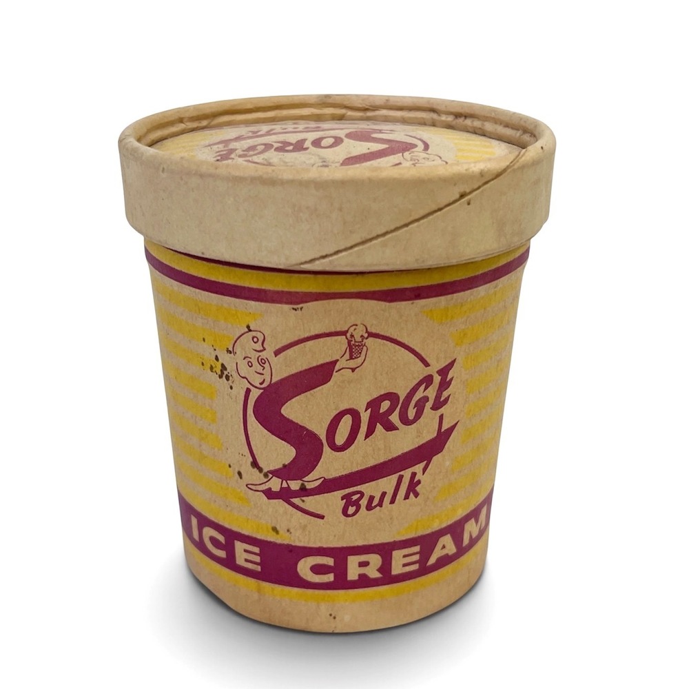 Vintage Sorge Bulk Ice Cream 1 Pint Paper Carton Sealright Co Fulton NY Lid